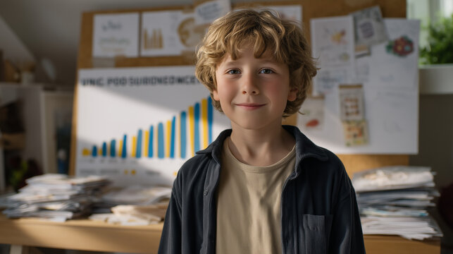 Young creator standing before colorful pledge reward chart on gallery wall, bronze funding goal thermometer showing progress, scattered prototype sketches and community backer postcards visible, ide