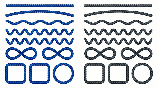Collection of various blue and grey nautical rope borders including straight lines, waves, infinity loops, squares and circular frames, concept for maritime design, ornament and illustration