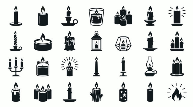 Collection of various black candle silhouette icons with burning flames and different holders set on white background, concept for decorative element, religious symbols and interior design icons