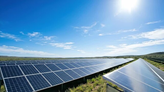 Solar panel array against a vibrant blue sky, sunlight illuminating clean energy system, minimal composition emphasizing sustainability and innovation, high contrast and clarity, photorealistic