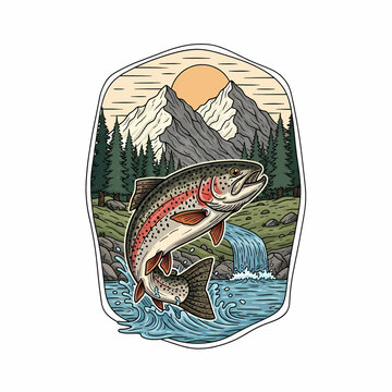 Rainbow trout jumping in mountain river scenery vector illustration
