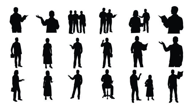 A collection of black silhouettes depicting various people in conversational and professional poses high quality detailed