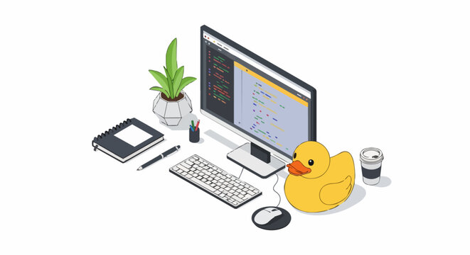 Isometric Software Developer Workspace with Rubber Duck Debugging, Code on Monitor, and Office Supplies
