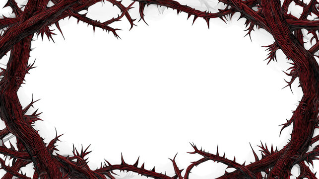 Creepy twisted root and thorn border frame with tangled dark red branches on white