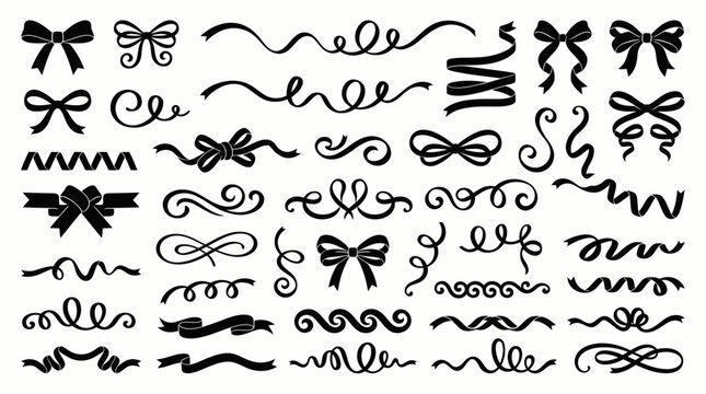 Set of black ribbon bows silhouette with decorative swirls and calligraphic scroll ornaments on white background, concept for gift packaging, card invitation and vintage border decoration