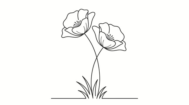 Minimalist black-and-white line art illustration of two poppies with a grassy base
