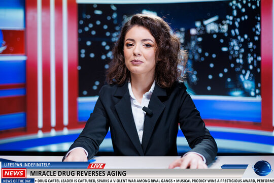 Journalist highlights effort to regain vitality and become youthful alongside miraculous medication found to stop aging. On television channel, woman explains absurd breakthroughs in medicine.