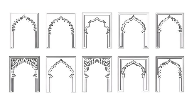 Collection of Indian Arch Designs Vector Illustration, Decorative Elements for Architecture