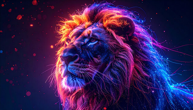 Vibrant neon lion portrait shines brightly with colorful light trails and particles