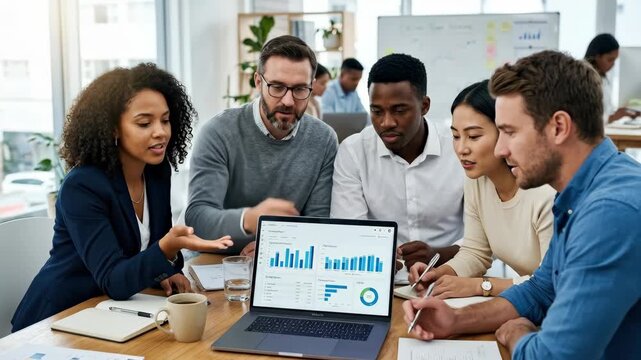 A team of professionals gathered around a desk analyzing digital marketing reports on a laptop, hands pointing at charts and data, collaborative atmosphere in a modern office, soft natural light