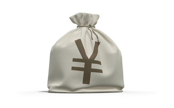 3D Rendering of a Canvas Money Bag with Yen Yuan Symbol on Transparent Background