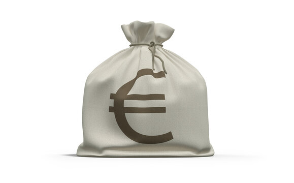 3D Rendering of a Canvas Money Bag with Euro Symbol on Transparent Background