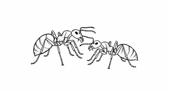 Two black and white line drawings of ants facing each other