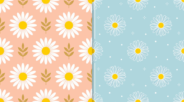 Seamless two-tone pattern featuring white daisies with yellow centers on peach and light blue pastel backgrounds, ideal for textiles, wallpaper, and stationery.