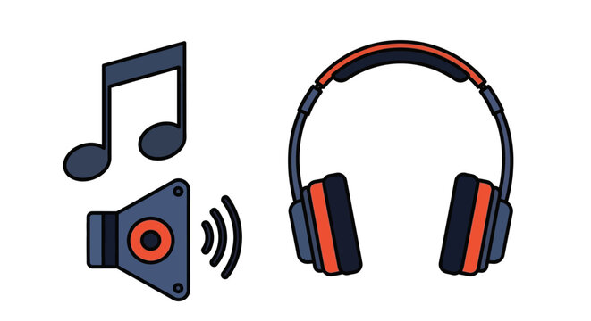 Minimalist digital vector composition of music related elements a musical note, a sound speaker with sound waves, and a pair of professional orange-accented headphones, isolated on white bac
