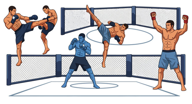 Dynamic stylized illustration set showcasing mixed martial artist movements within a cage kicking, punching, and victorious poses with confident expressions, portraying competitive sports ac