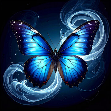A blue butterfly with smoke spirals and abstract curves flies through a dark night sky.