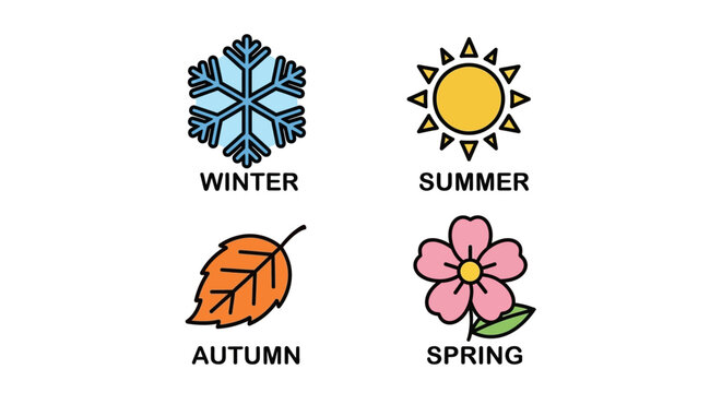 Colorful graphic design of four seasonal icons representing winter with snowflake, summer with sun, autumn with leaf, and spring with flower against white background for educational purposes