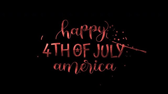 4th of july text animation greeting with red stars celebrates independence day beautifully, suitable for patriotic celebrations. Include alpha channel for any background.