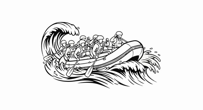 Team in raft navigates rough waters with paddles, facing a large wave