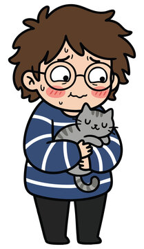 Funny Minimalist Cartoon Introvert Character Holding Cat &ndash; Clean Bold Line Art T-Shirt Design with Expressive Shy Emotion