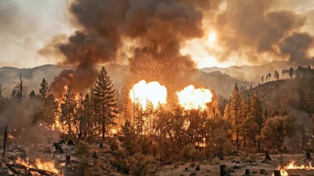 Raging infernos devastating native vegetation zones, breathtaking nature photography, fire, inferno, vegetation, destruction, wildfire, natural disaster, flames, smoke, realistic organic detail,