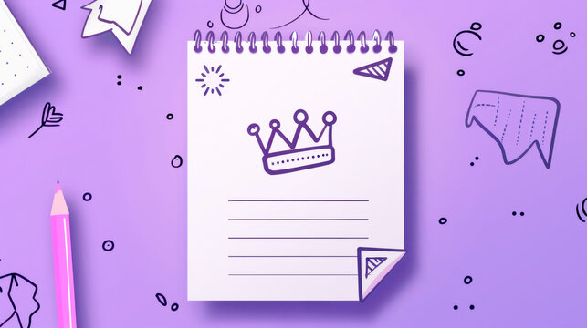 White postit note black border crown sun symbols purple pastel background copyspace design
