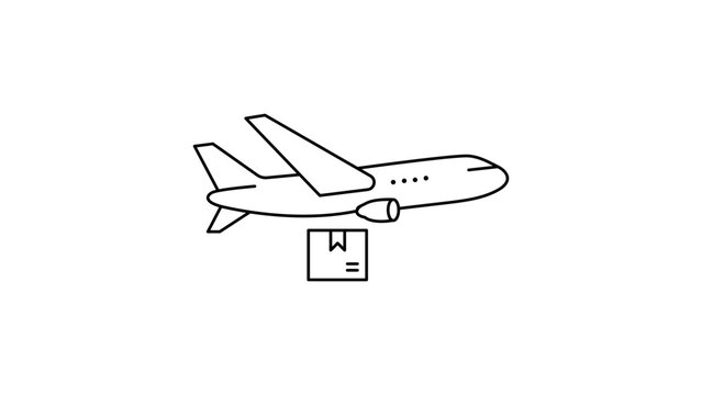 Air freight vector icon illustration featuring a minimalist black line drawing of a cargo airplane with a delivery package box on a white background, perfect for logistics and shipping designs.