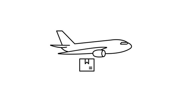 Minimalist black line vector icon illustration of a cargo airplane carrying a delivery package, representing air freight, logistics, and global shipping services on a clean white background.