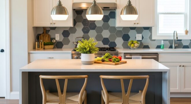 Petite modern kitchen island with bar stools tucked neatly, featuring hexagonal backsplash and fresh produce for an inviting culinary space