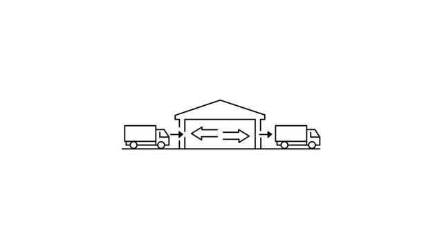 Minimalist black line vector icon illustration of a cross-docking warehouse facility with delivery trucks and directional arrows representing efficient logistics, supply chain, and distribution.