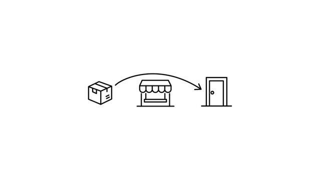 Minimalist dropshipping vector icon illustration showing a supplier package bypassing a retail shop directly to a customer door, clean black line art for e-commerce and logistics concepts.