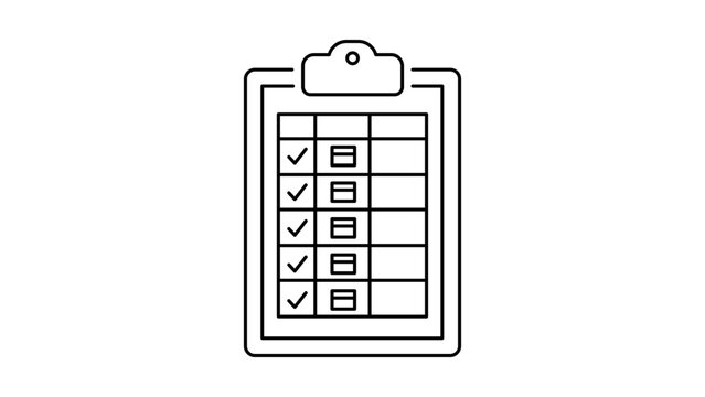 Minimalist black line vector icon of an inventory list clipboard on white background. Features a checklist with checkmarks and briefcase icons for business tasks, asset management, and audits.