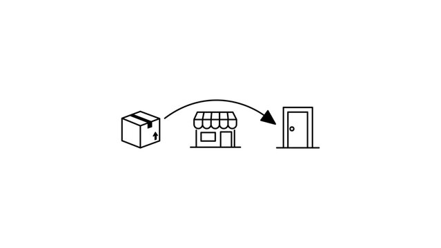 Dropshipping business model vector icon illustration showing a supplier package, retail store, and customer door with a flow arrow, minimalist black line art design on a white background.