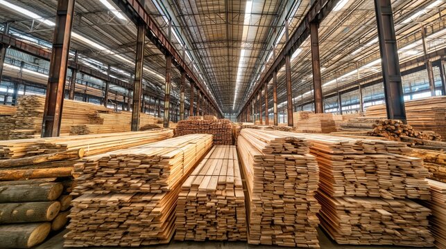 Storing large quantities of sawn timber boards and unprocessed logs inside a spacious industrial warehouse, showcasing the raw materials for woodworking and construction