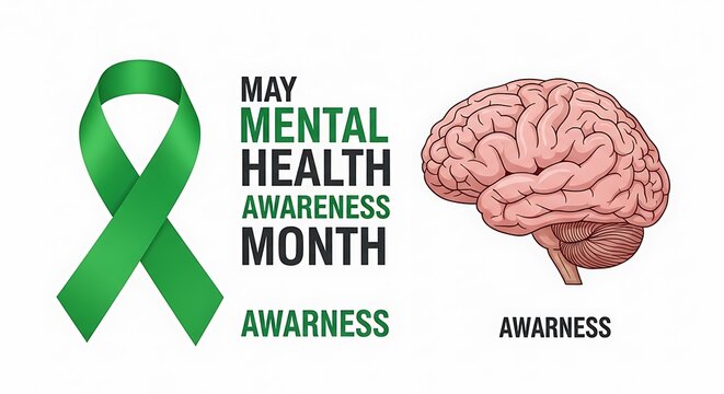 Mental health awareness ribbon and brain illustration for may awareness month