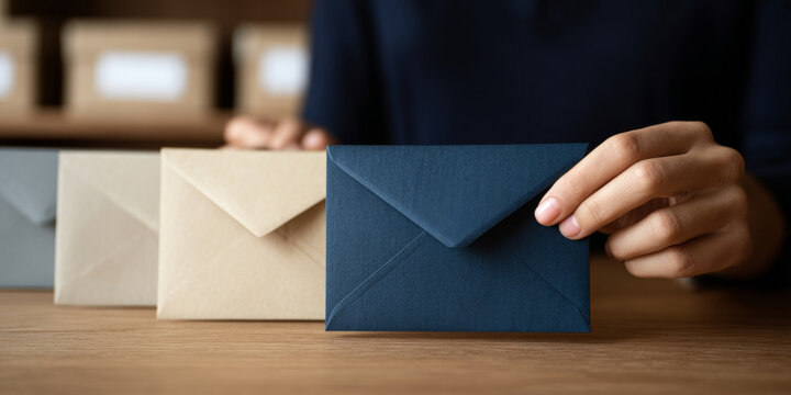 Hand holding blue envelope among beige envelopes