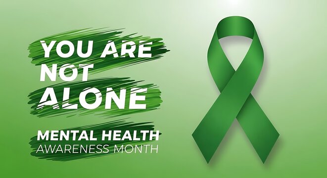 Message of support for mental health awareness month featuring a green ribbon symbol.