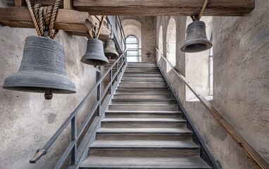 Obraz premium Narrow Metal Staircase Inside Historic Bell Tower with Hanging Bells