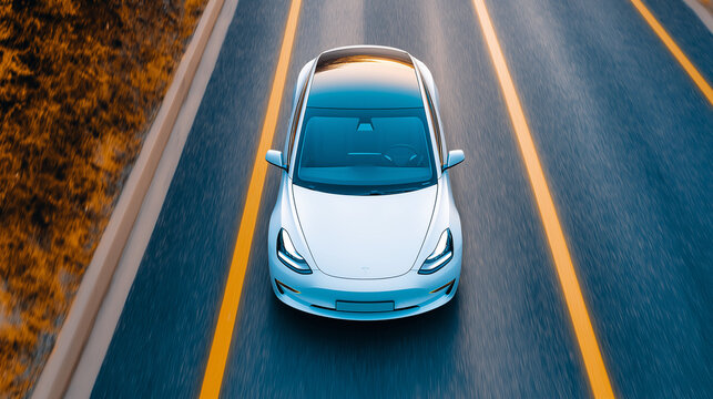 Generic White Electric Sedan High Speed Highway Motion Blur Sunset Drive