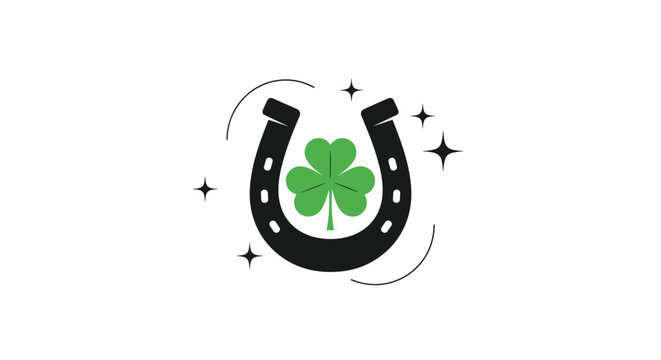 Black horseshoe with green four-leaf clover and sparkling stars, traditional symbol of good luck and St Patrick Day celebration.