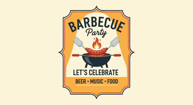 Colorful barbecue party invitation badge with text Barbecue Party Lets Celebrate Beer Music Food on a cream background.