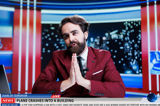 Reporter presents plane crash details, population going crazy because of terrorist attack fear. News journalist hosting night talk show to discuss about latest insane events, airplane disaster.