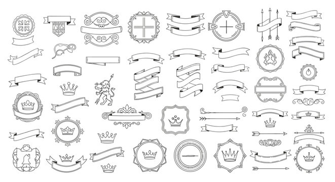 Comprehensive collection of heraldic symbols including ribbons, shields, crowns, lions, arrows, and circular ornate frames.