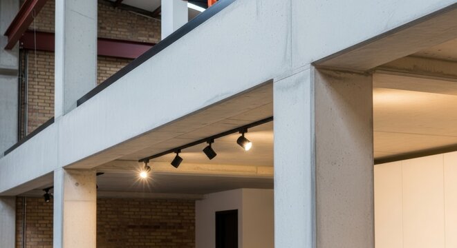 Modern interior architecture featuring polished concrete pillars and track lighting illuminating a mezzanine level