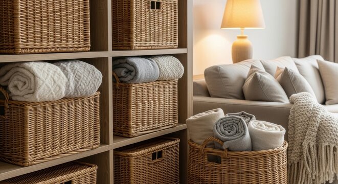 Neatly stacked woven wicker baskets filled with rolled blankets on a light wood shelving unit, creating cozy home storage.