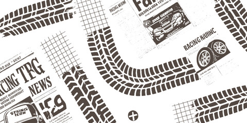Dark brown tire tracks and grid patterns overlaying newspaper clippings with car and text tread grunge © appl