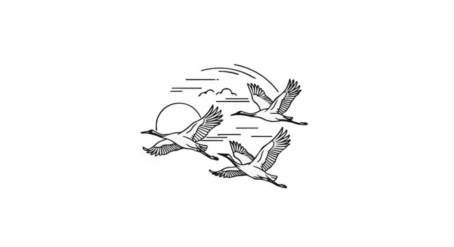 Three cranes fly across a stylized sunrise with minimalist clouds