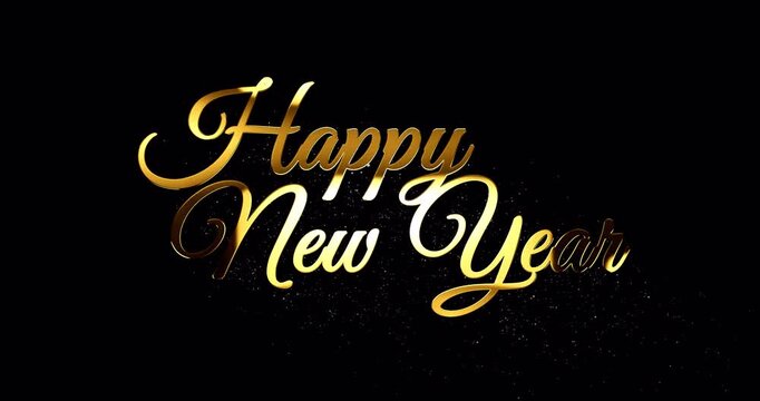 Happy new year gold inscription with glare and glittering falling particles, specular highlight reflection and golden dust is drifting down from greetings text, footage