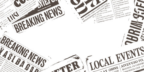 Overlapping newspaper pages with bold headlines and text in brown and white breaking local events © appl